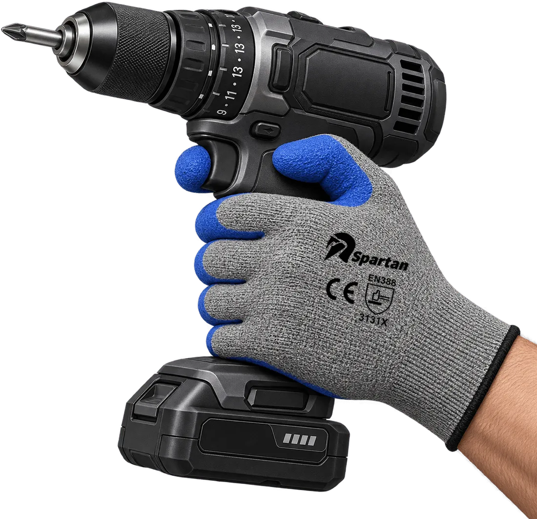 A gloved hand gripping a cordless drill